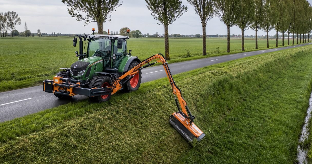 Green tractor with an orange hydraulic arm-style mower trimming grass along a rural road beside a canal, lined with trees in the background