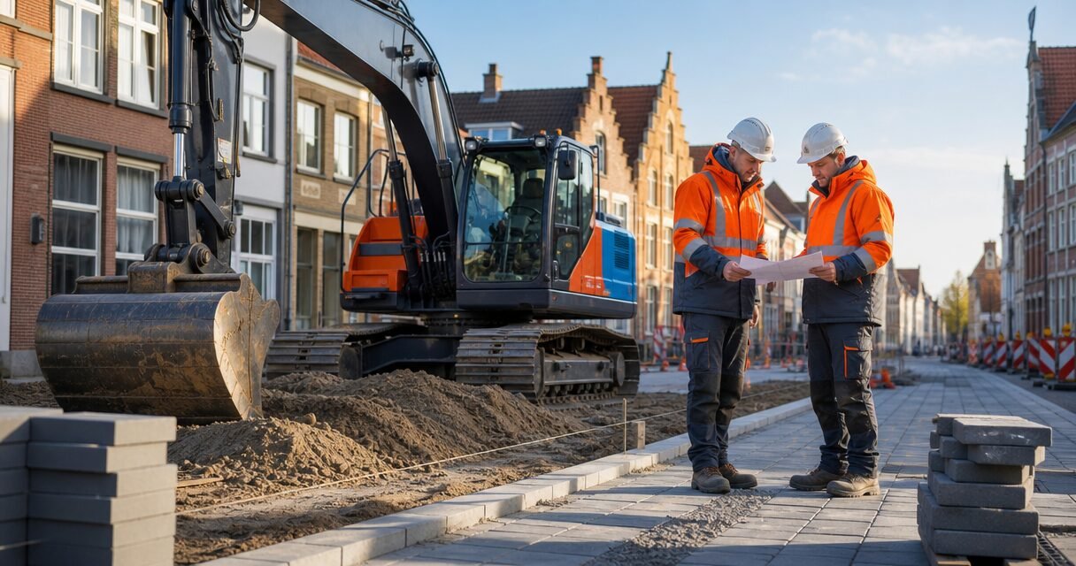 Two construction workers in orange safety vests review plans on a city street, with a large excavator and fresh pavement nearby.