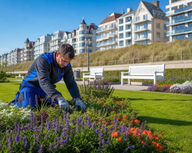 Gardener kneels in a flower bed, tending vibrant plants in a park with benches and apartment buildings in the background.