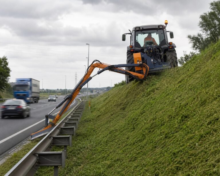 Orange roadside maintenance tractor with an extended hydraulic arm trimming a grassy embankment beside a highway, cars in traffic, guardrail in foreground, overcast sky.