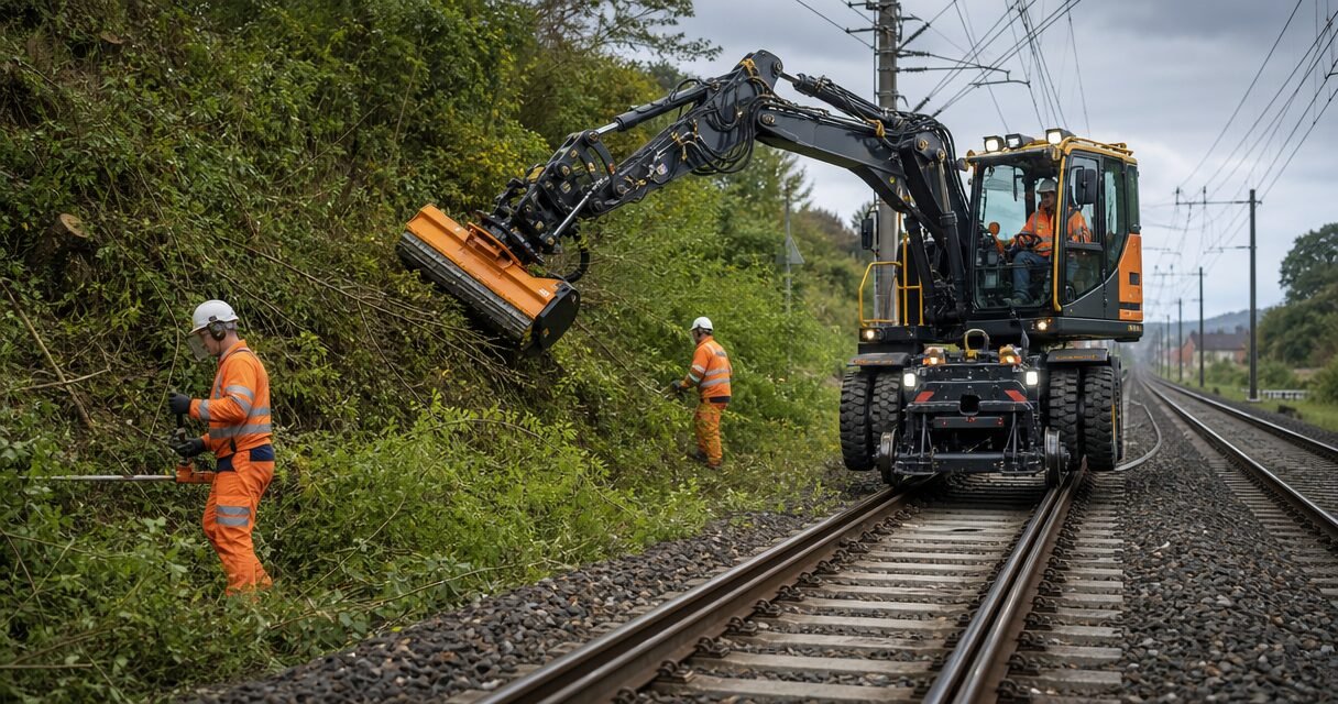 Railroad workers in orange safety gear clear vegetation from a slope beside tracks using a large vegetation-clearing machine attachment.