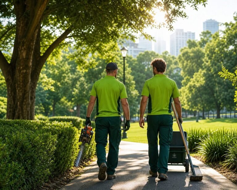 Two landscapers in bright green uniforms walk along a park path, one carrying a leaf blower and the other pushing a wheelbarrow with a broom in the foreground.