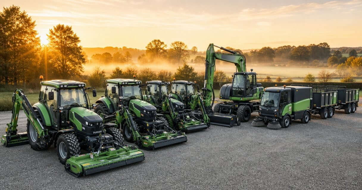 Row of green John Deere farming machines, including tractors with mowers and a large excavator, parked on a gravel lot at sunrise.