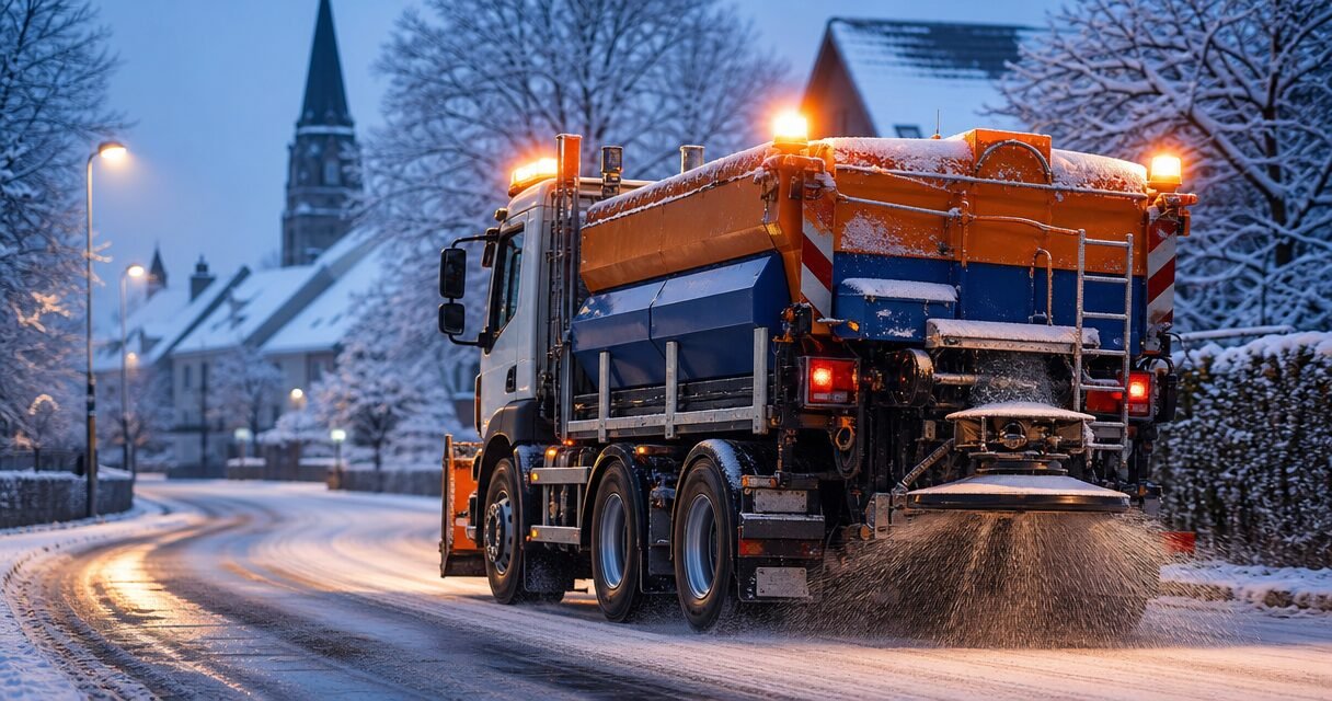 Orange snowplow/salt-spreader truck clearing a snow-covered residential street at dusk with streetlights on.